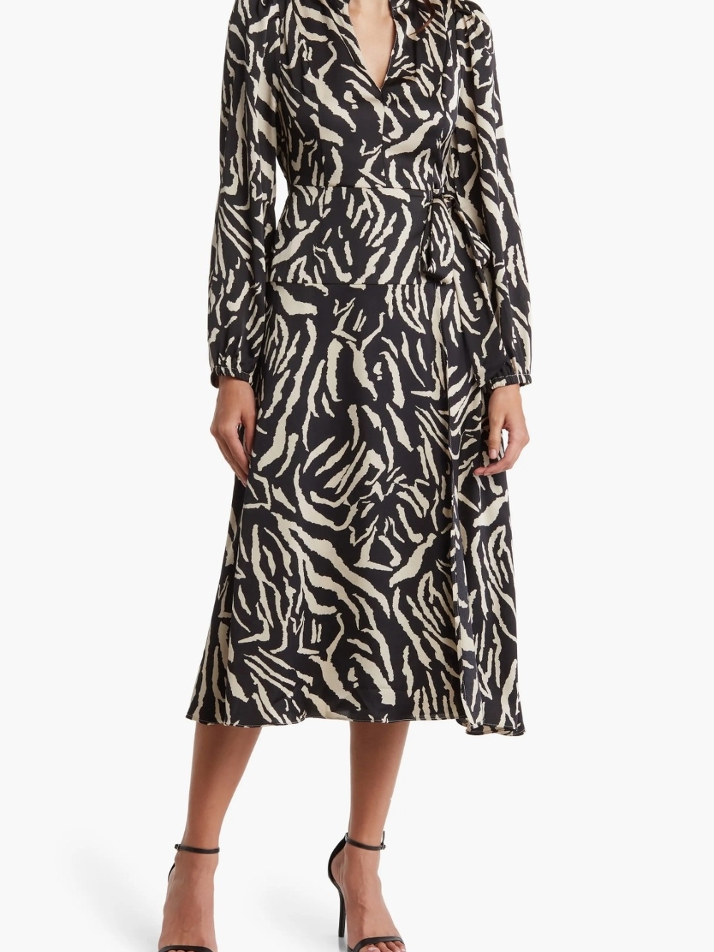 MELLODAY Black & Cream Printed Wrap Midi Dress